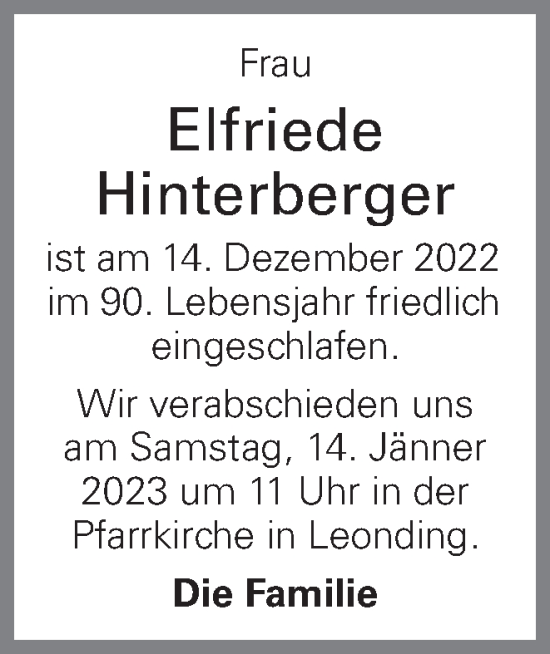 Traueranzeige von Elfriede Hinterberger von OÖNachrichten