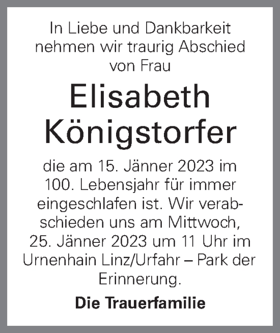 Traueranzeige von Elisabeth Königstorfer von OÖNachrichten