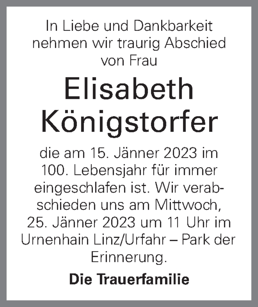  Traueranzeige für Elisabeth Königstorfer vom 21.01.2023 aus OÖNachrichten