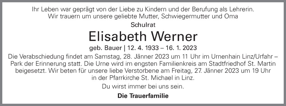  Traueranzeige für Elisabeth Werner vom 24.01.2023 aus OÖNachrichten