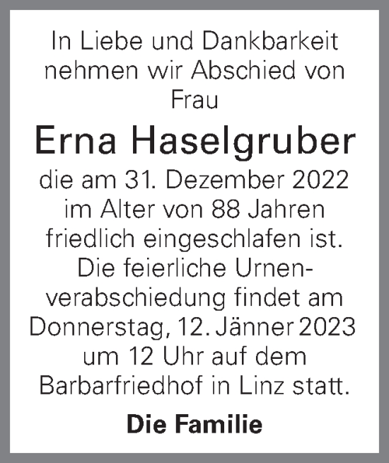 Traueranzeige von Erna Haselgruber von OÖNachrichten