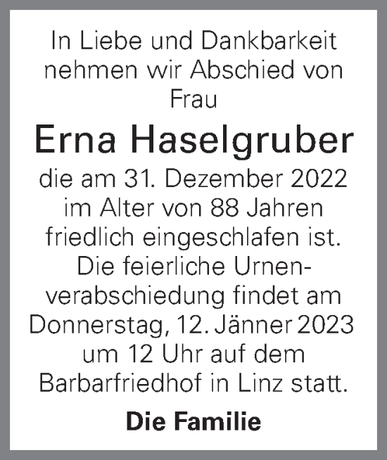 Traueranzeige von Erna Haselgruber von OÖNachrichten