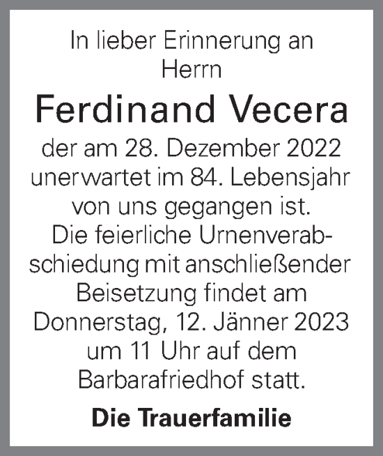 Traueranzeige von Ferdinand Vecera von OÖNachrichten