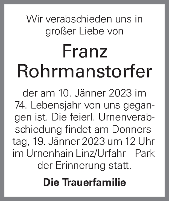 Traueranzeige von Franz Rohrmanstorfer von OÖNachrichten