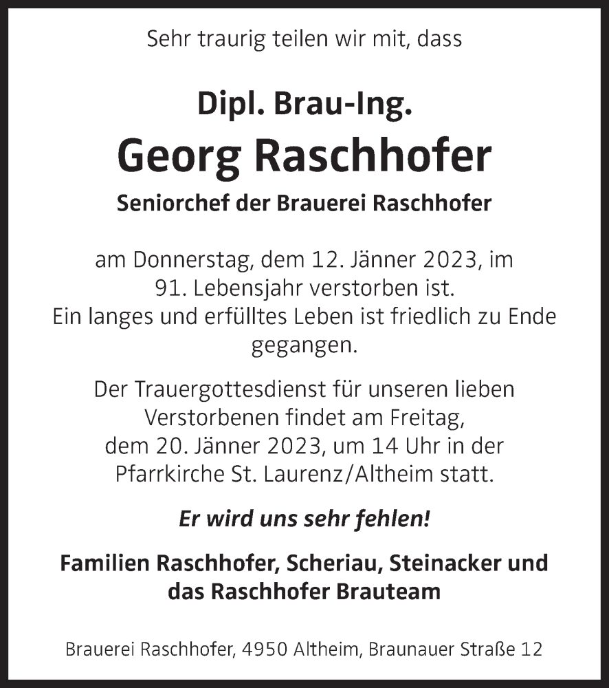  Traueranzeige für Georg Raschhofer vom 19.01.2023 aus OÖNachrichten