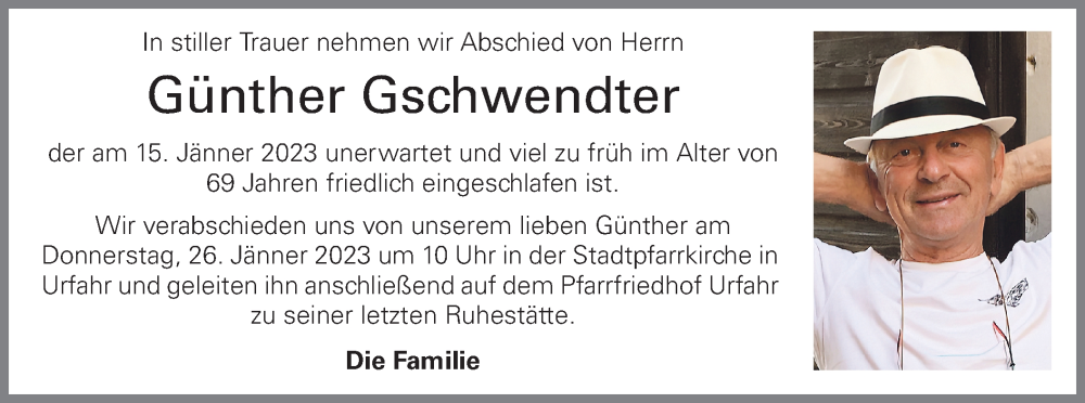  Traueranzeige für Günther Gschwendter vom 21.01.2023 aus OÖNachrichten