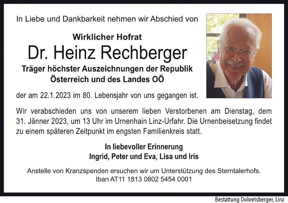  Traueranzeige für Heinz Rechberger vom 28.01.2023 aus OÖNachrichten