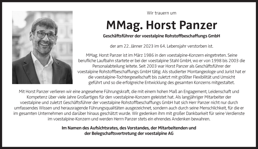 Traueranzeige für Horst Panzer vom 27.01.2023 aus OÖNachrichten