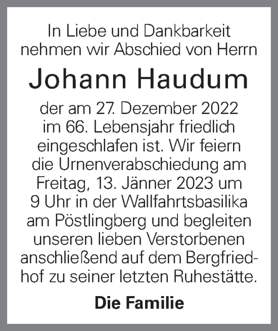 Traueranzeige von Johann Haudum von OÖNachrichten