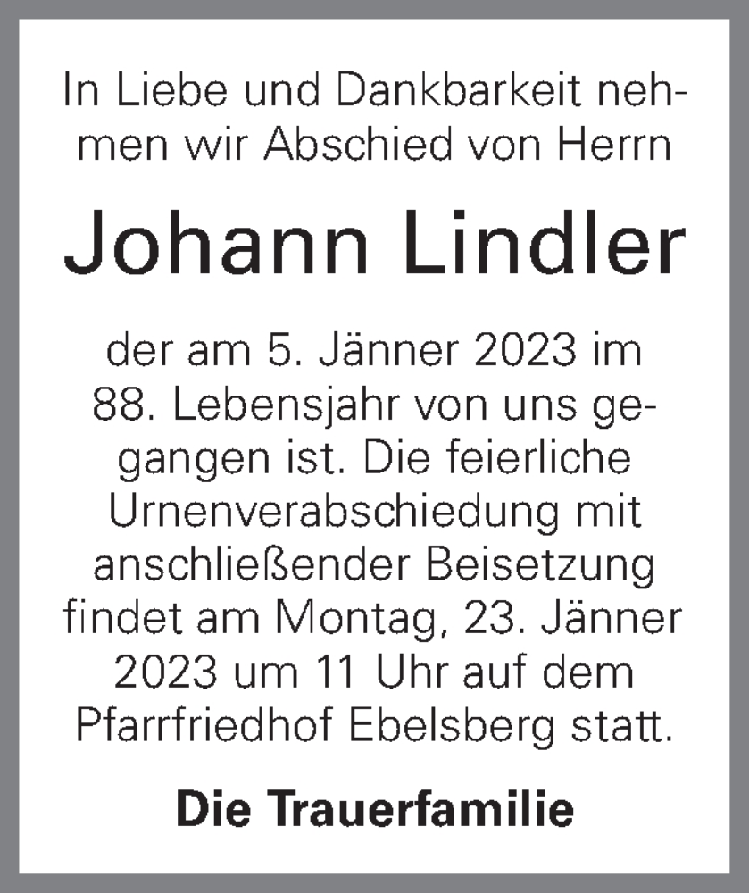  Traueranzeige für Johann Lindler vom 20.01.2023 aus OÖNachrichten