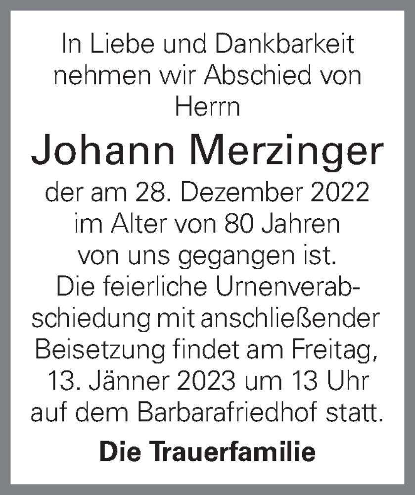  Traueranzeige für Johann Merzinger vom 10.01.2023 aus OÖNachrichten