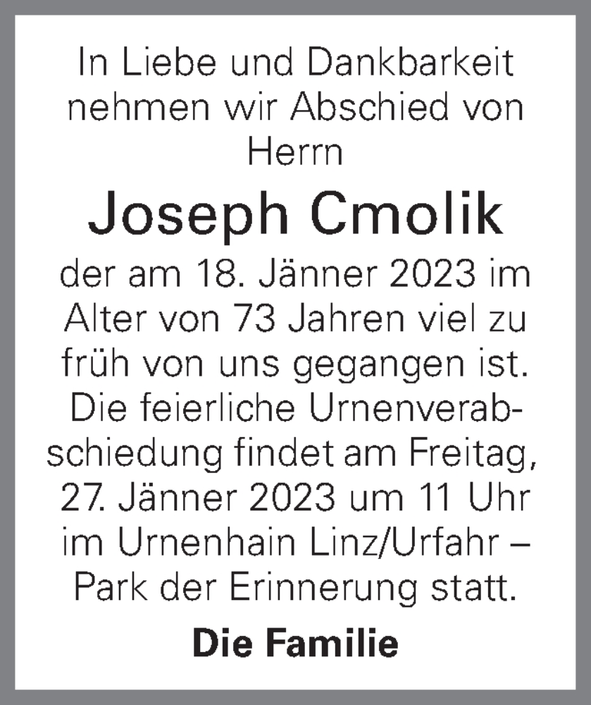  Traueranzeige für Joseph Cmolik vom 24.01.2023 aus OÖNachrichten
