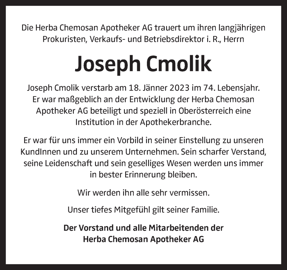  Traueranzeige für Joseph Cmolik vom 25.01.2023 aus OÖNachrichten