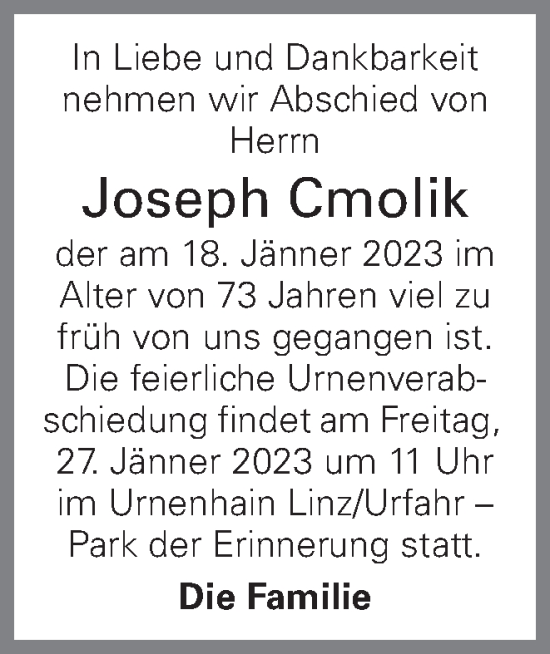 Traueranzeige von Joseph Cmolik von OÖNachrichten