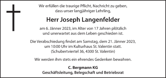Traueranzeige von Joseph Langenfelder von OÖNachrichten
