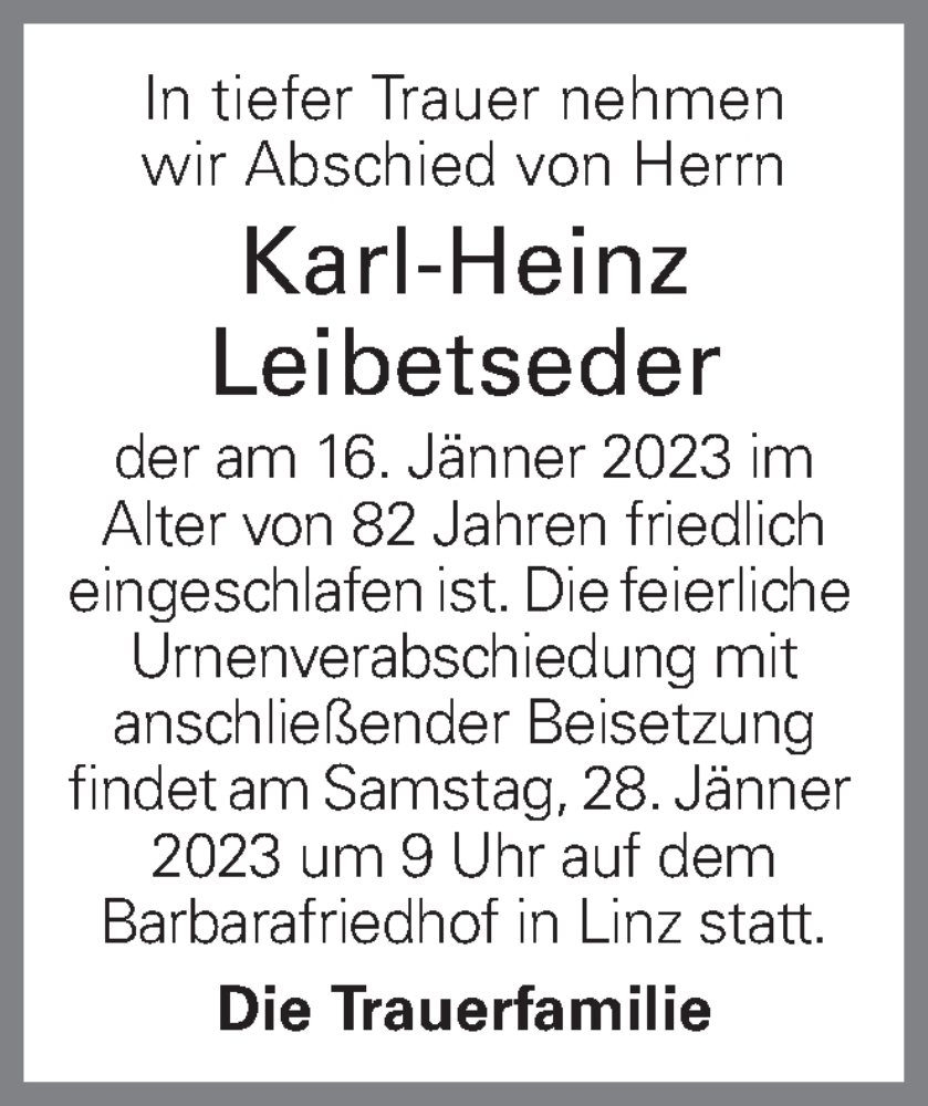  Traueranzeige für Karl-Heinz Leibetseder vom 24.01.2023 aus OÖNachrichten