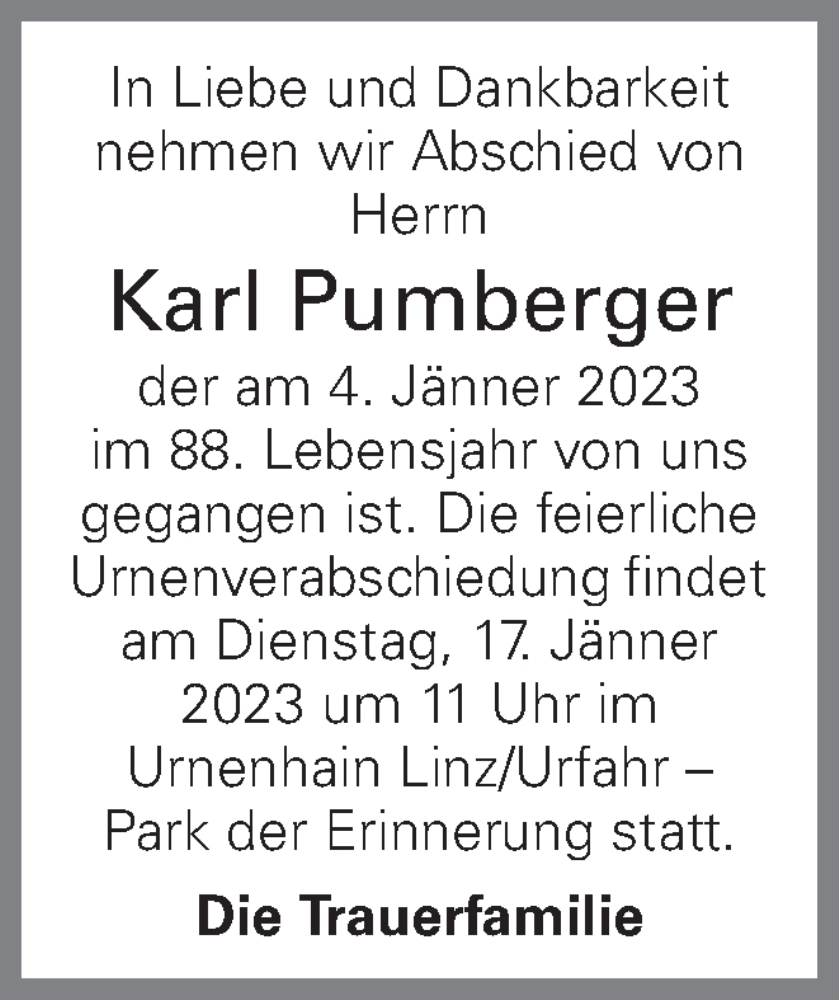  Traueranzeige für Karl Pumberger vom 11.01.2023 aus OÖNachrichten