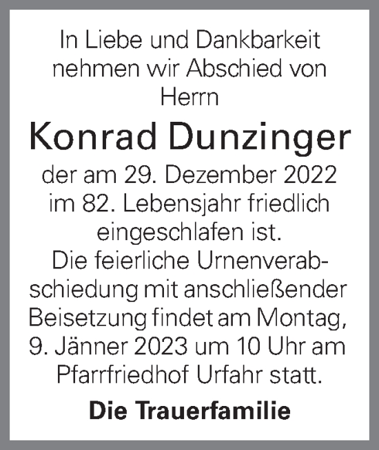 Traueranzeige von Konrad Dunzinger von OÖNachrichten