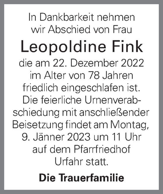 Traueranzeige von Leopoldine Fink von OÖNachrichten