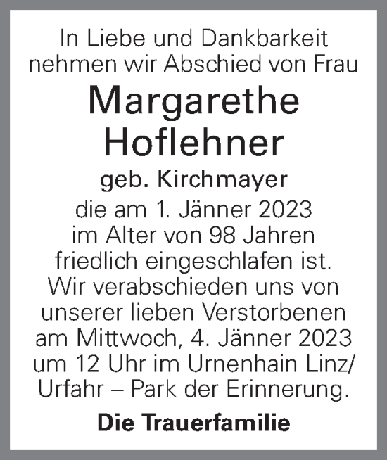 Traueranzeige von Margarethe Hoflehner von OÖNachrichten