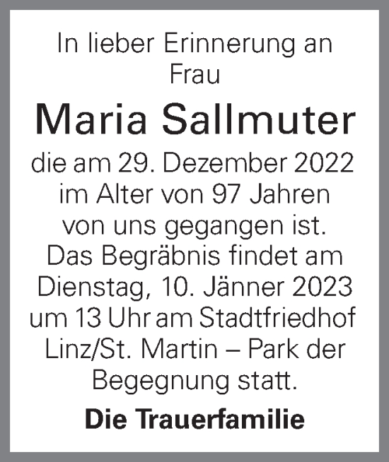 Traueranzeige von Maria Sallmuter von OÖNachrichten