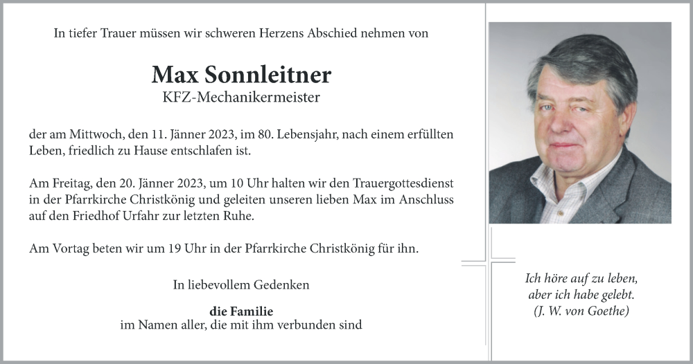  Traueranzeige für Max Sonnleitner vom 14.01.2023 aus OÖNachrichten
