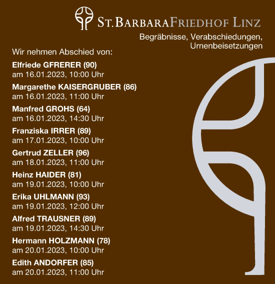 Traueranzeige von Nachruf St. Barbara Friedhof Linz von OÖNachrichten