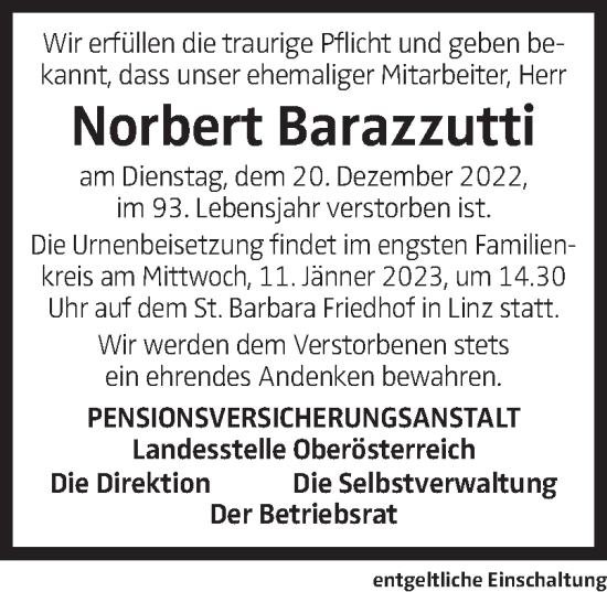 Traueranzeige von Norbert Barazzutti von OÖNachrichten