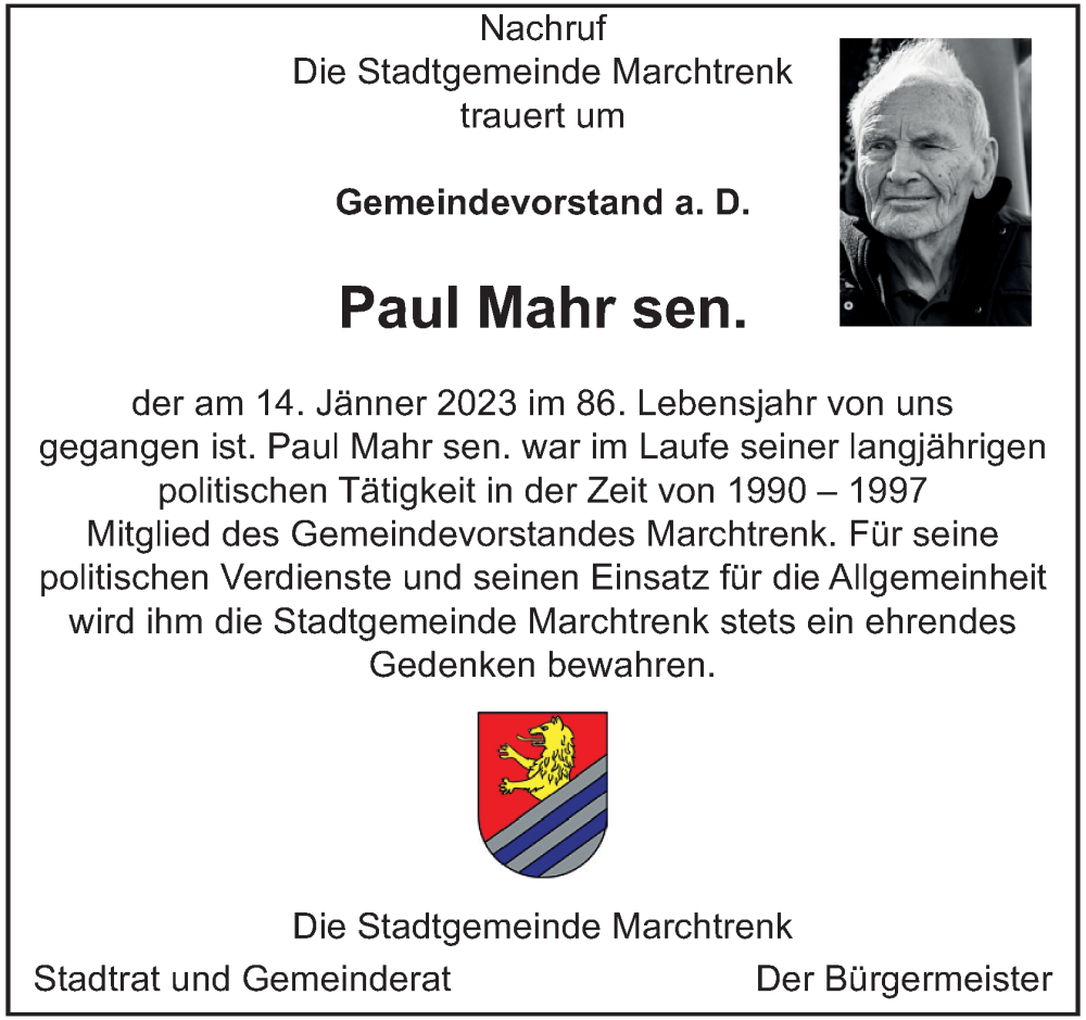  Traueranzeige für Paul Mahr vom 21.01.2023 aus OÖNachrichten