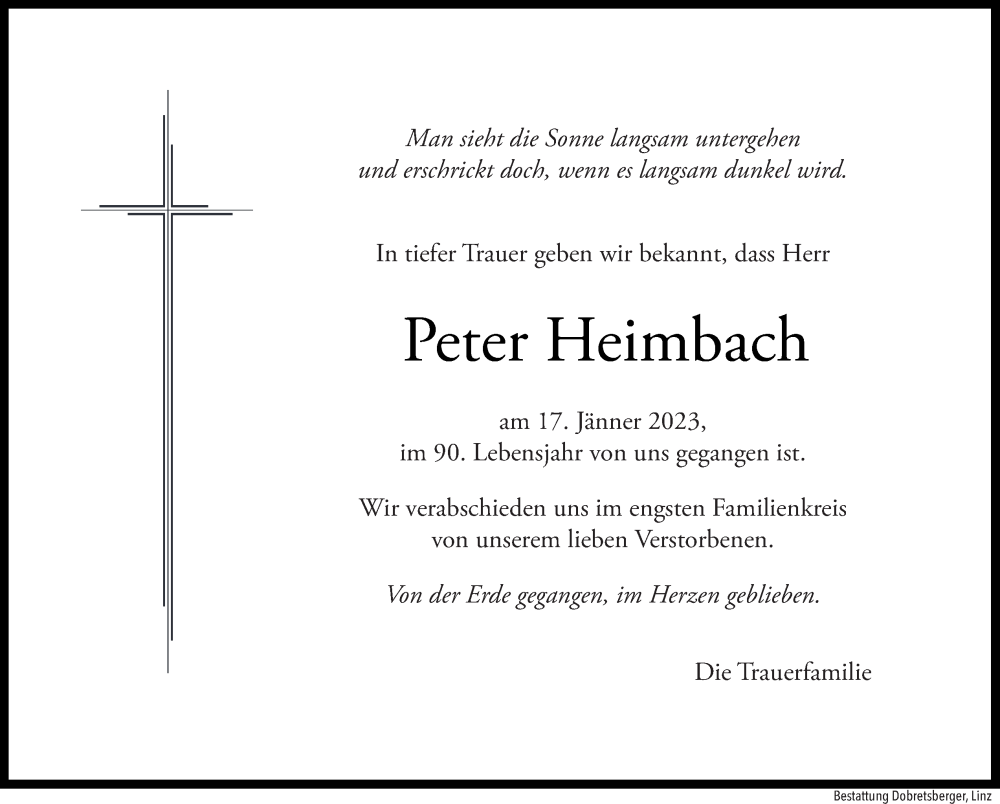  Traueranzeige für Peter Heimbach vom 21.01.2023 aus OÖNachrichten