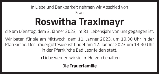 Traueranzeige von Roswitha Traxlmayr von OÖNachrichten