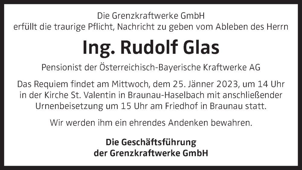  Traueranzeige für Rudolf Glas vom 24.01.2023 aus OÖNachrichten