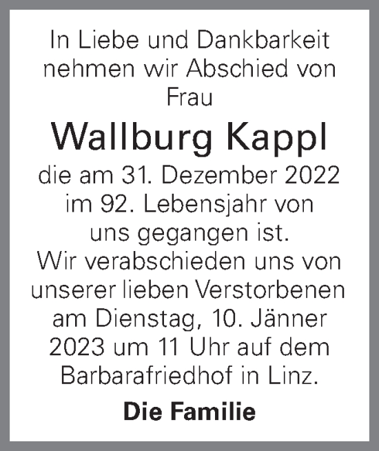 Traueranzeige von Wallburg Kappl von OÖNachrichten