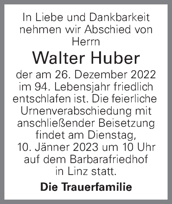 Traueranzeige von Walter Huber von OÖNachrichten