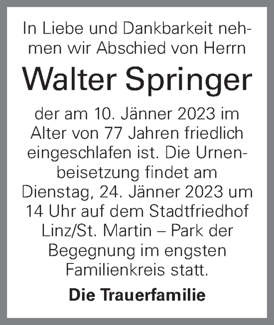 Traueranzeige von Walter Springer von OÖNachrichten