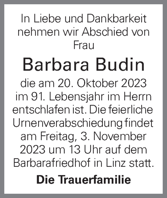 Traueranzeige von Barbara Budin von OÖNachrichten