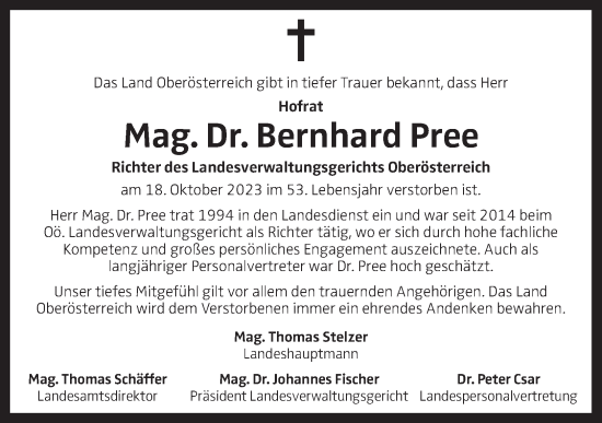 Traueranzeige von Bernhard Pree von OÖNachrichten