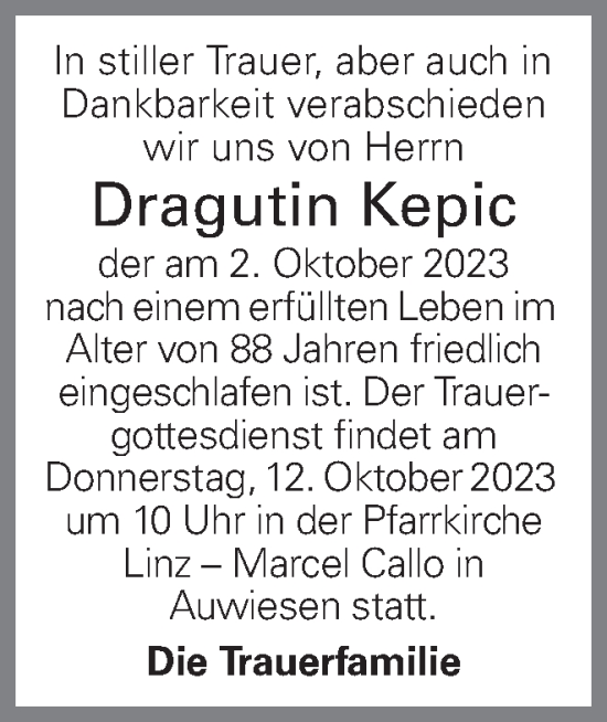 Traueranzeige von Dragutin Kepic von OÖNachrichten