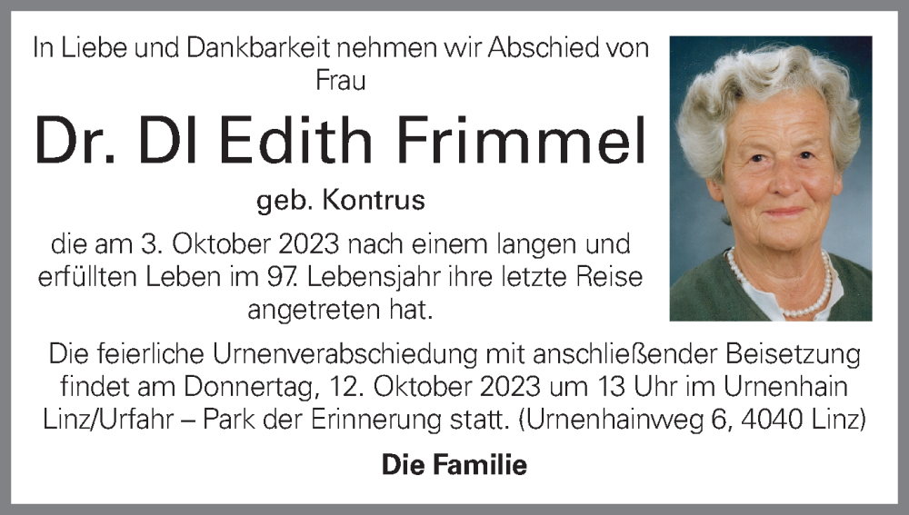  Traueranzeige für Edith Frimmel vom 10.10.2023 aus OÖNachrichten