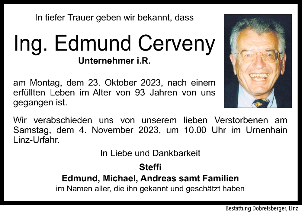 Traueranzeige für Edmund Cerveny vom 28.10.2023 aus OÖNachrichten