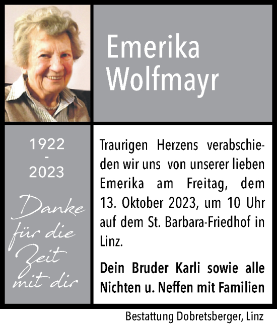 Traueranzeige von Emerika Wolfmayr von OÖNachrichten