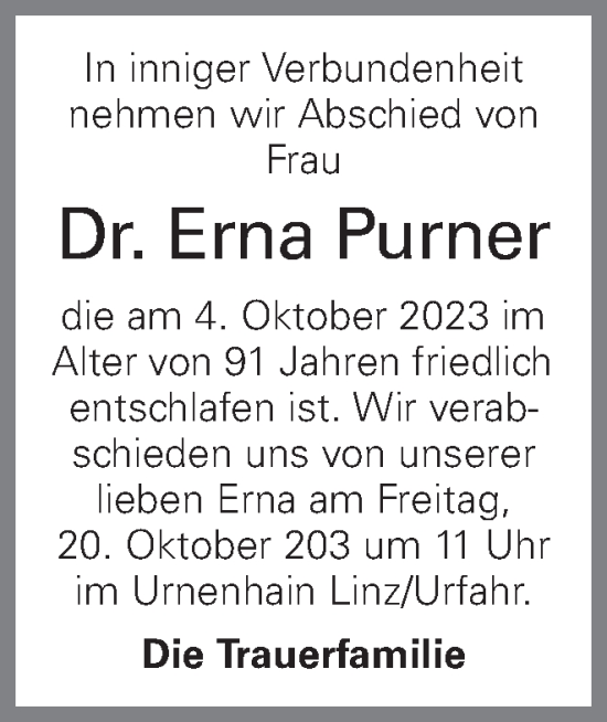 Traueranzeige von Erna Purner von OÖNachrichten