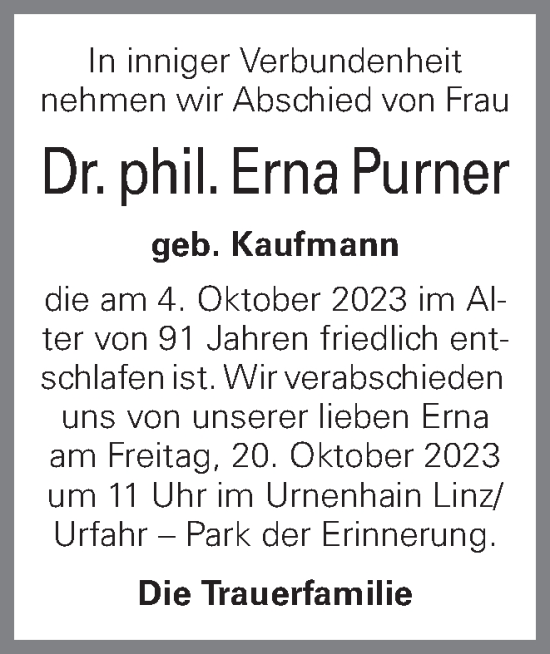 Traueranzeige von Erna Purner von OÖNachrichten