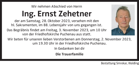 Traueranzeige von Ernst Zehetner von OÖNachrichten