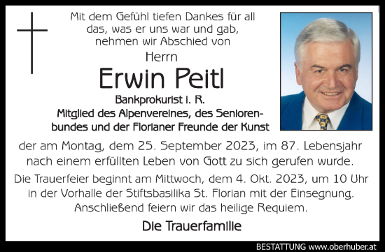 Traueranzeige von Erwin Peitl von OÖNachrichten