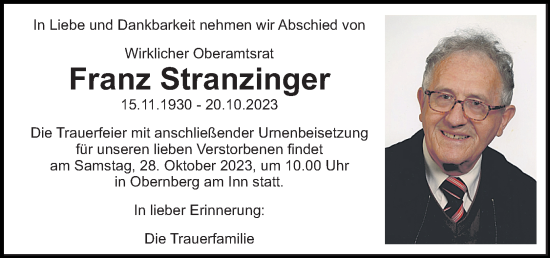 Traueranzeige von Franz Stranzinger von OÖNachrichten