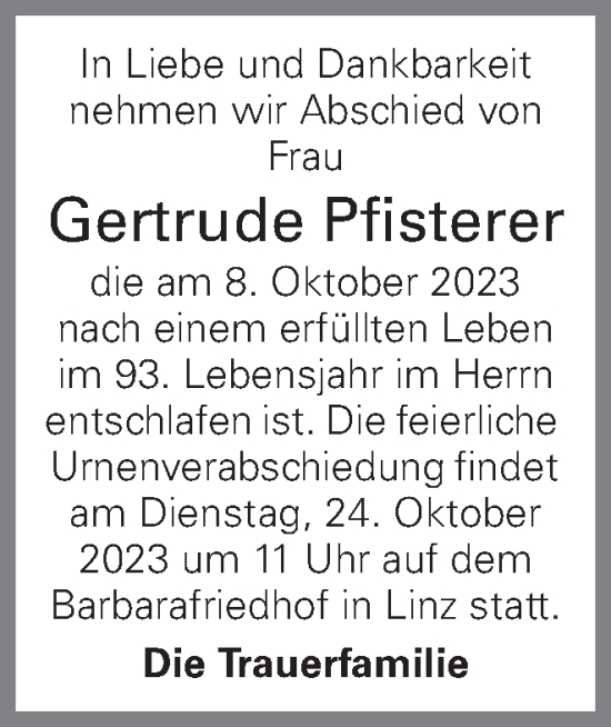 Traueranzeige von Gertrude Pfisterer von OÖNachrichten