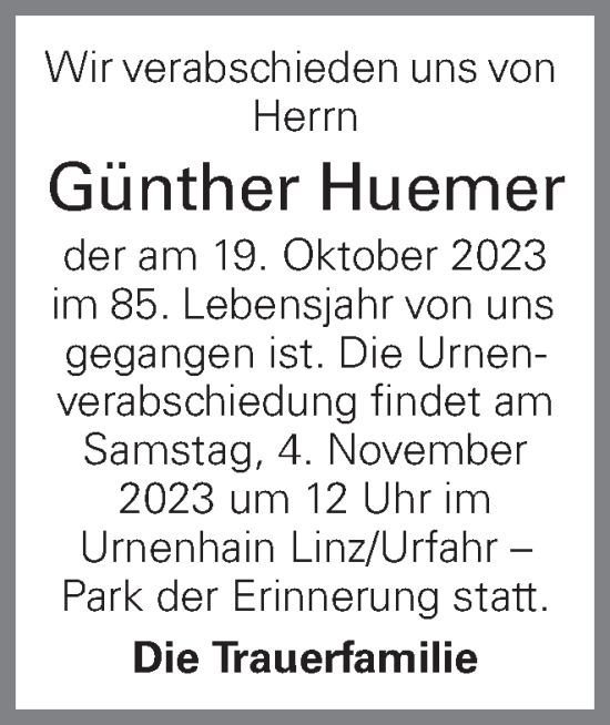Traueranzeige von Günther Huemer von OÖNachrichten
