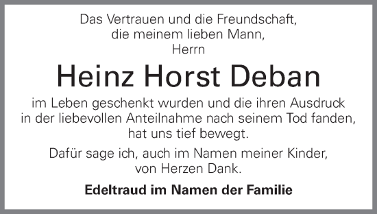 Traueranzeige von Heinz Horst Deban von OÖNachrichten