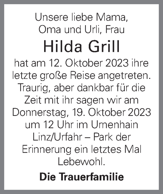 Traueranzeige von Hilda Grill von OÖNachrichten